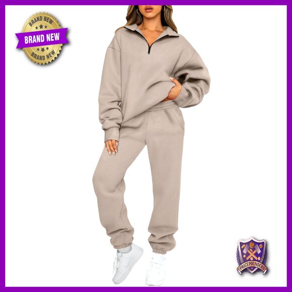 Pants - Women's Half Zip Pullover & Jogger Lounge Set, Fleece Lined, Oversized Fit